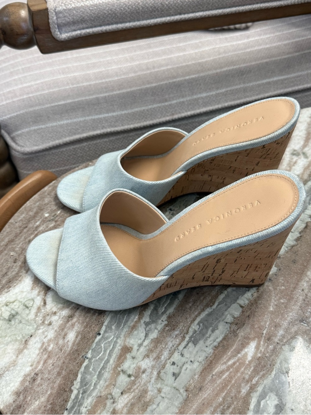Veronica Beard Light Blue Denim Cork Wedge Sandals